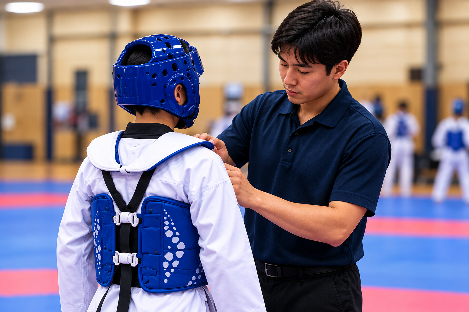 Coach helping an athlete prepare electronic sparring gear
