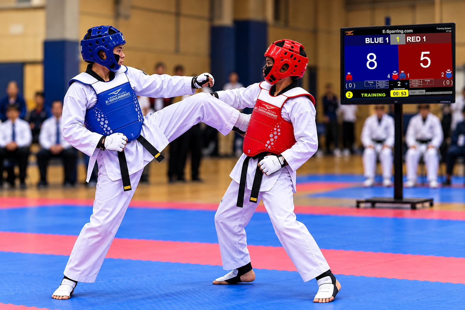 Taekwondo athletes training with E-Sparring electronic scoring